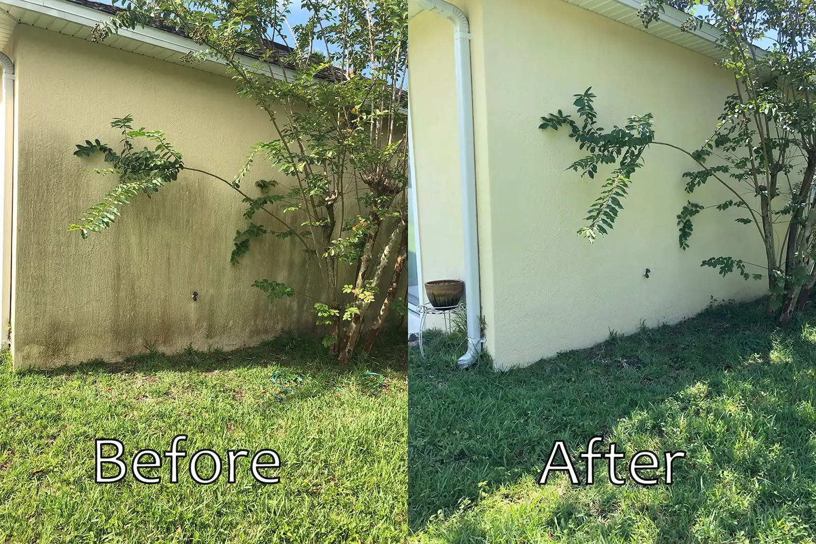 Before and after picture of an external house washing. The external is stucco and all mold and mildew was removed leaving the exterior house looking brand new