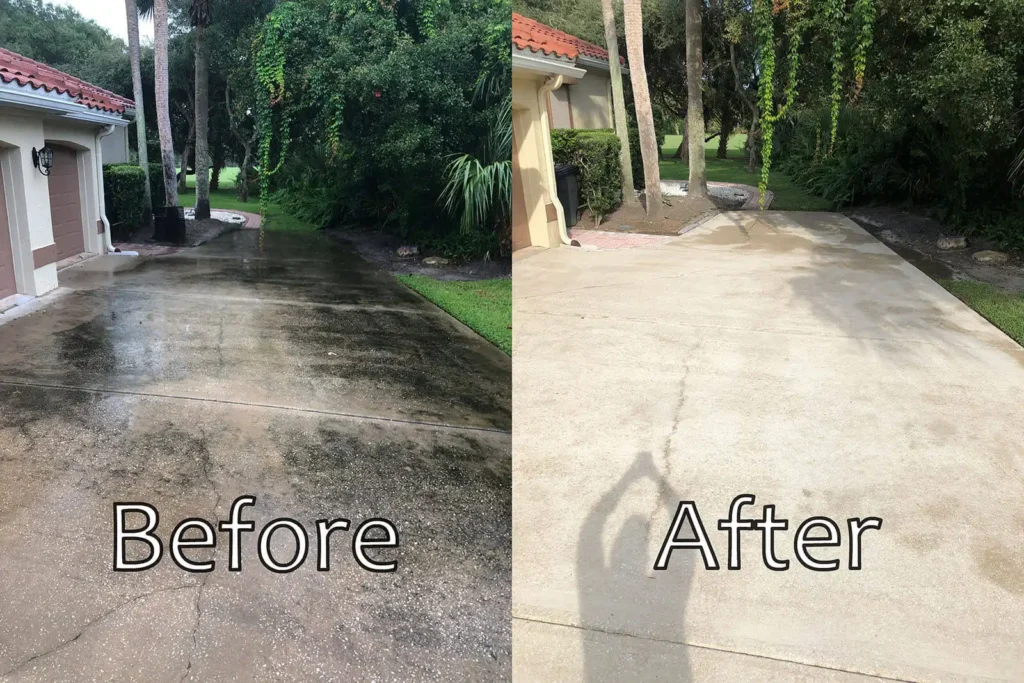 Before and after of a really dirty driveway in Pam Coast Florida. The after shows a gleaming driveway after professional pressure washing