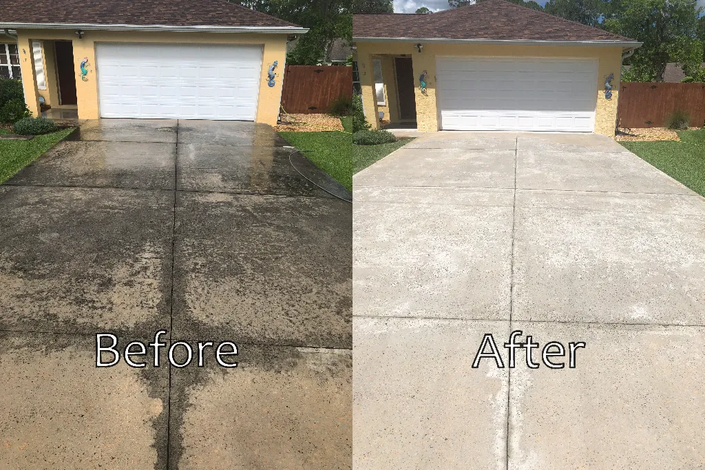 A grimy driveway before and after our driveway cleaning service