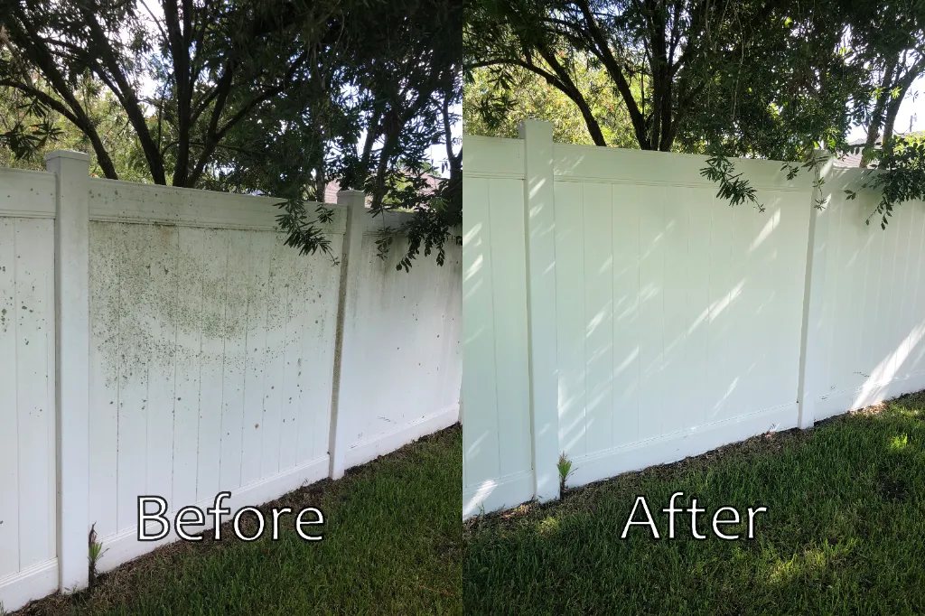 before and after image of a fence cleaning. The after is free of dirt and grime