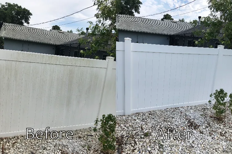 Before and after image after a fence cleaning service for a homeowner