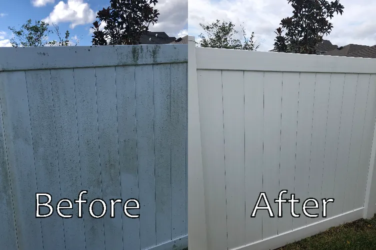 Before and after of a fence cleaning service