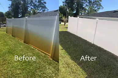 Vinyl Fence cleaning before and after. Rust and grime completely removed from this beautiful fence