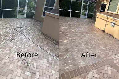 Paver cleaning for a pool deck - before and after picture
