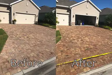 What a difference in this paver driveway after our paver sealing service (we cleaned the pavers too)