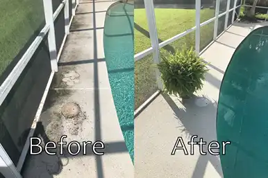 Pool deck cleaning before and after. Dirt and grime completely removed with this pool deck clean!