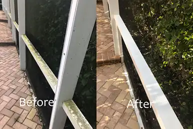 Florida home pool screen cleaning before and after. Amazing difference and all the dirt and grime completely cleaned away.