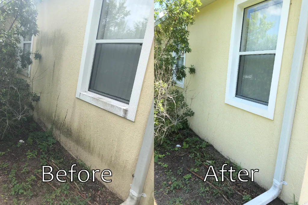 before and after image of a stucco house washing service